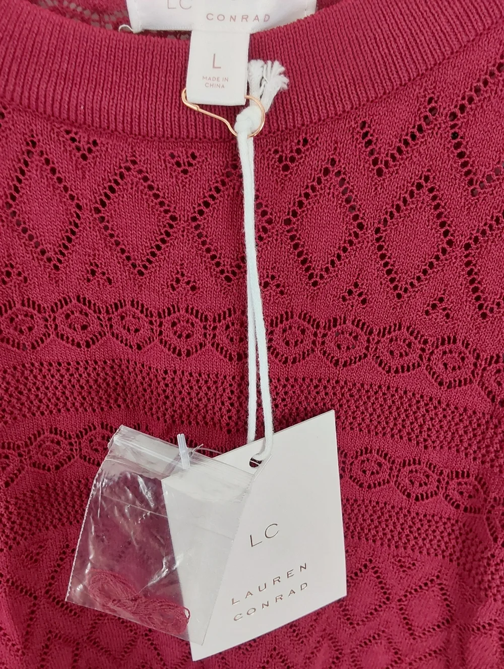 NWT LC Lauren Conrad Burgundy Ruffled Cold Shoulder Pointelle Knit Tunic - Picture 4 of 6